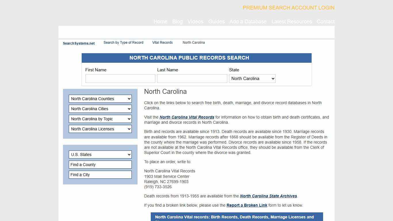 North Carolina Vital records: Birth Records, Death Records, Marriage Licenses and Divorces